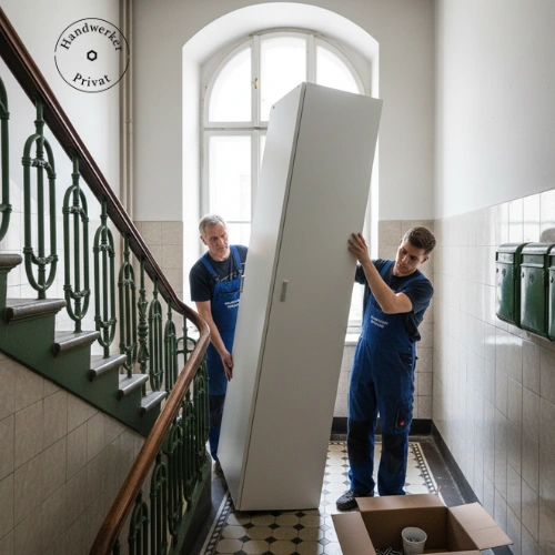 Handwerker für Möbelaufbau transportiert IKEA-Schrank durch Wiener Stiegenhaus — sichere Montage auch ohne Aufzug