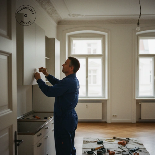 Handwerker für Küchenaufbau montiert Schrank in Wiener Altbauwohnung — professionelle Montage mit Werkzeug und Präzision