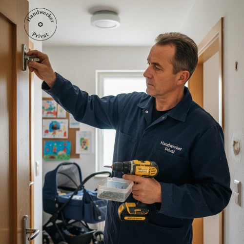 Handwerker für kleine Arbeiten Wien justiert Türschloss mit Bohrmaschine — schnelle Hilfe bei kleinen Reparaturen im Haushalt