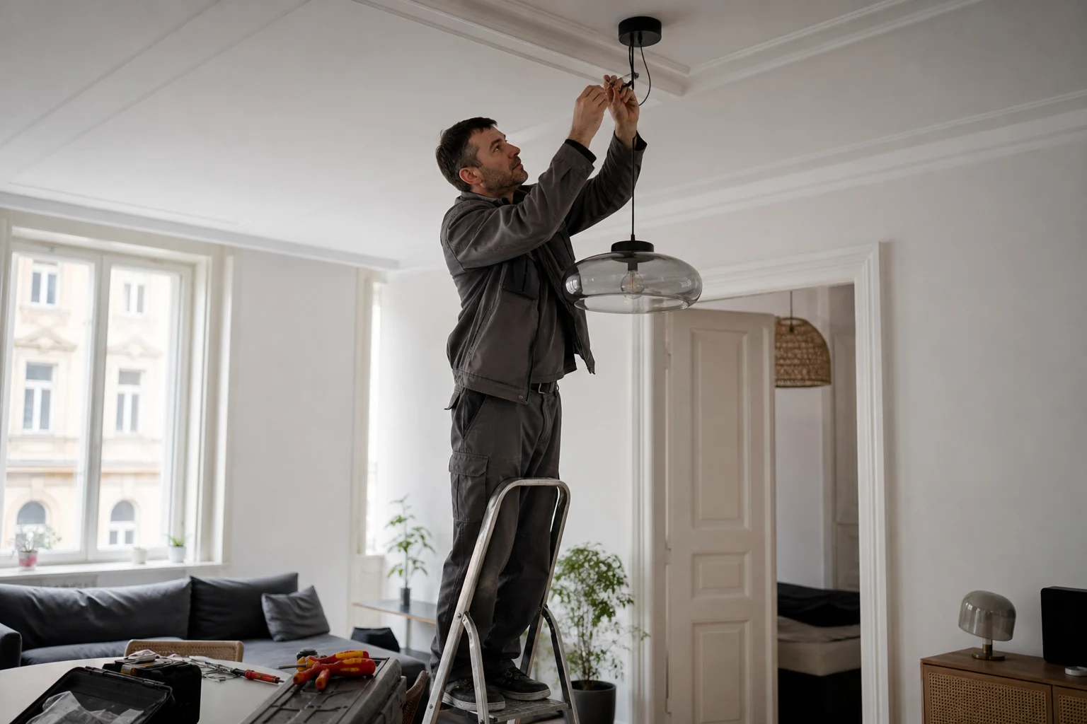 Handwerker Schwechat Elektriker montiert Deckenlampe vor Ort